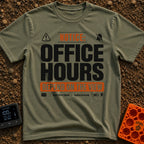 Hours Subject To View - T-Shirt in Moss - A graphic designed like a public notice sign featuring the text 'NOTICE: OFFICE...
