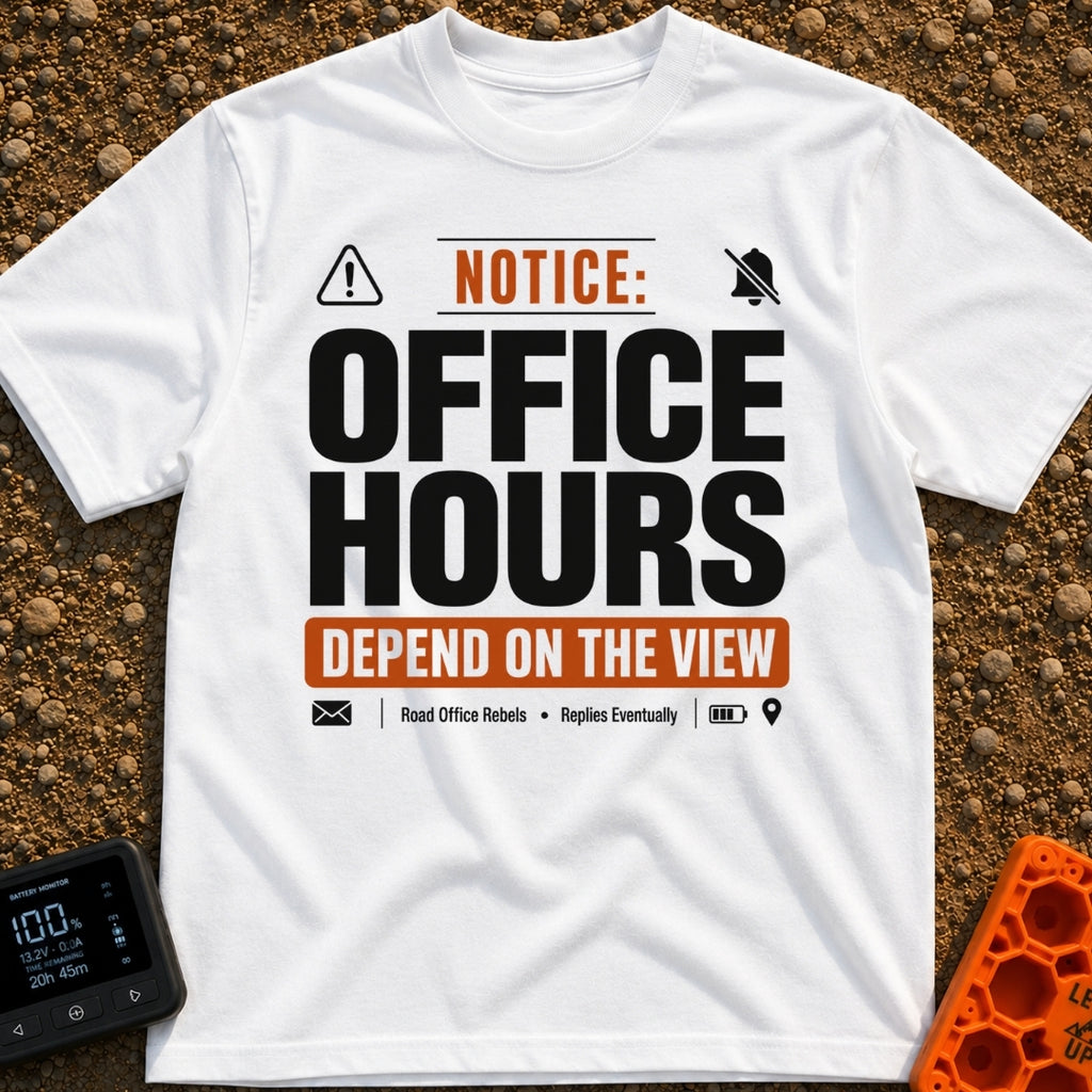 Hours Subject To View - T-Shirt in White - A graphic designed like a public notice sign featuring the text 'NOTICE:...