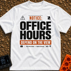 Hours Subject To View - T-Shirt in White - A graphic designed like a public notice sign featuring the text 'NOTICE:...