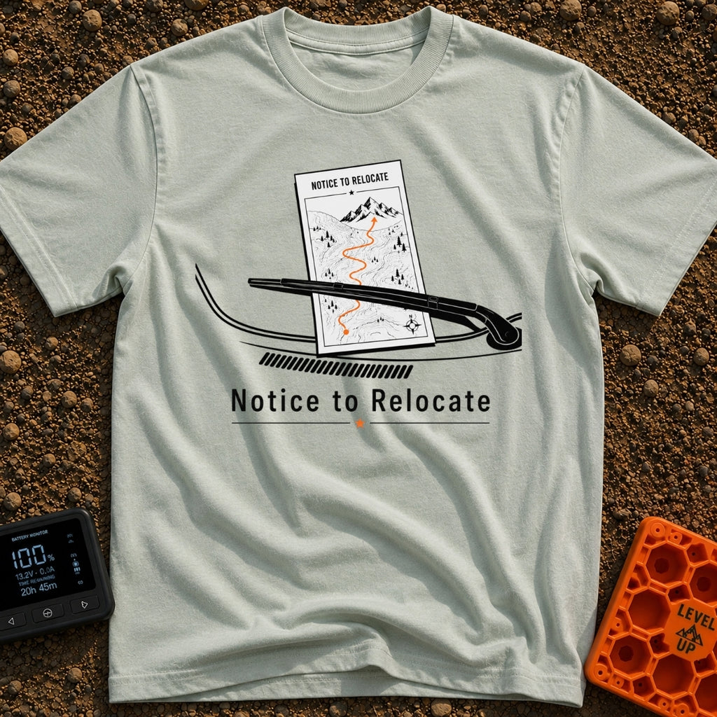 Notice To Roam - T-Shirt in Bay - A black and white illustration of a vehicle's windshield wiper holding down a paper...