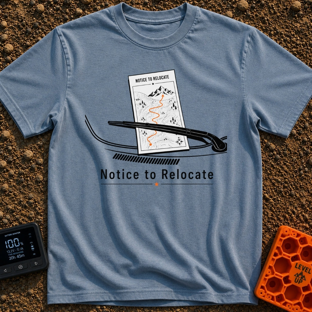 Notice To Roam - T-Shirt in Blue Jean - A black and white illustration of a vehicle's windshield wiper holding down a...