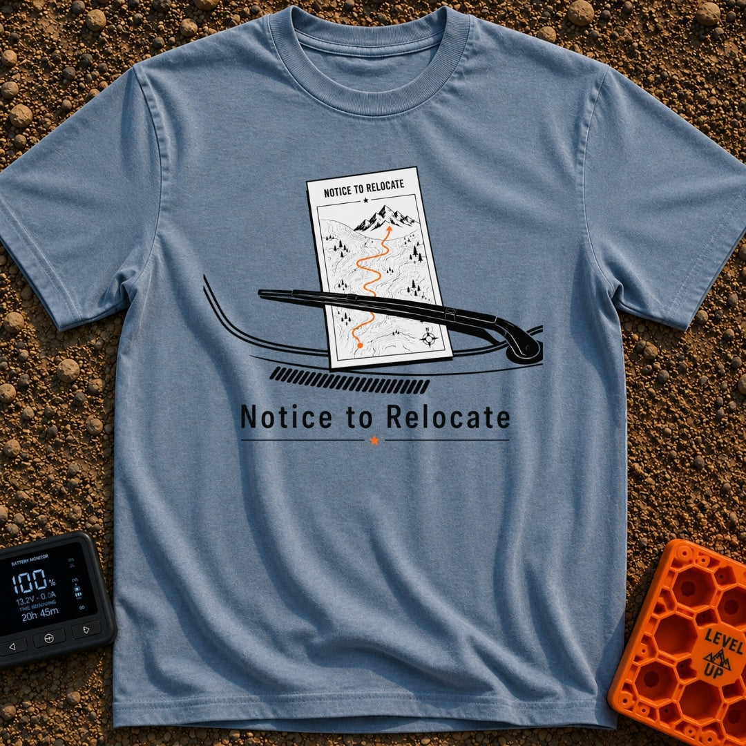 Notice To Roam - T-Shirt in Blue Jean - A black and white illustration of a vehicle's windshield wiper holding down a...