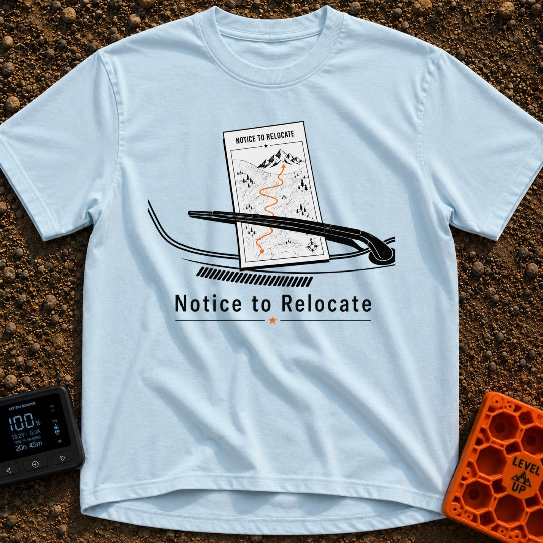 Notice To Roam - T-Shirt in Chambray - A black and white illustration of a vehicle's windshield wiper holding down a...