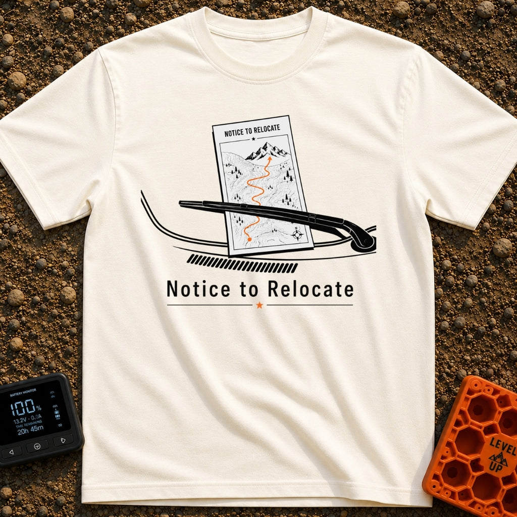 Notice To Roam - T-Shirt in Ivory - A black and white illustration of a vehicle's windshield wiper holding down a paper...