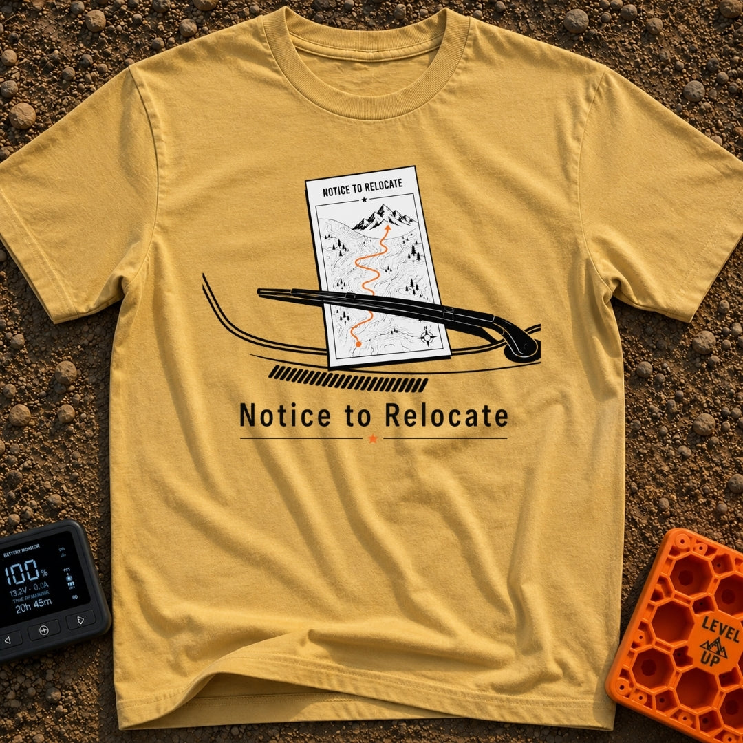 Notice To Roam - T-Shirt in Mustard - A black and white illustration of a vehicle's windshield wiper holding down a paper...