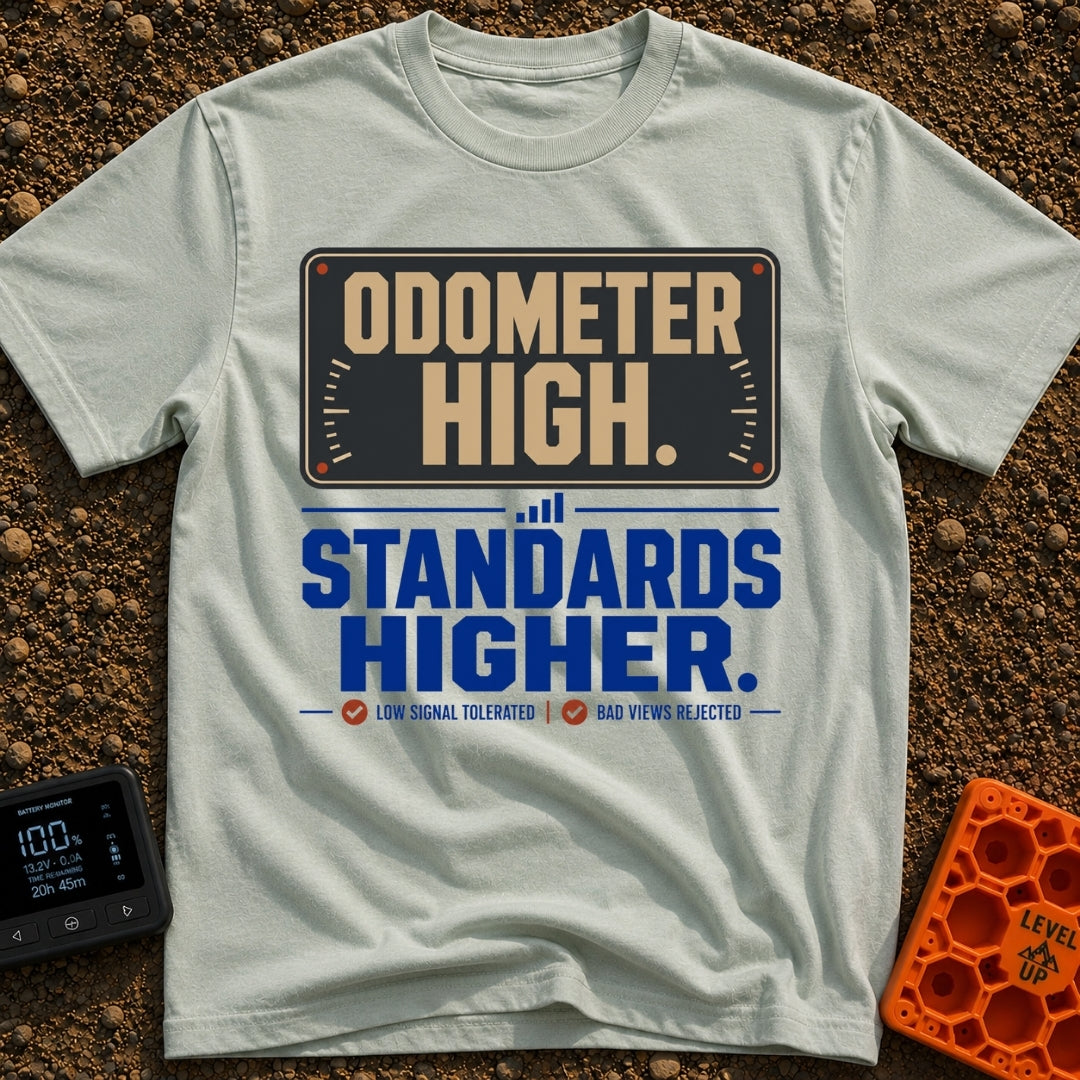 High Miles Higher Standards - T-Shirt in Bay - A typographic design featuring the text "ODOMETER HIGH." in tan letters on...