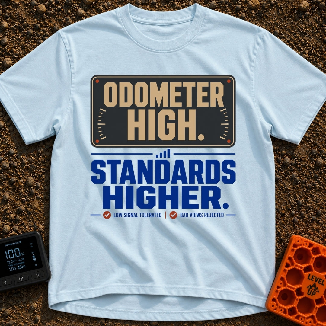 High Miles Higher Standards - T-Shirt in Chambray - A typographic design featuring the text "ODOMETER HIGH." in tan...
