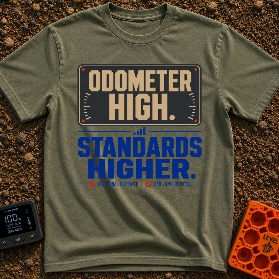 High Miles Higher Standards - T-Shirt in Moss - A typographic design featuring the text "ODOMETER HIGH." in tan letters...