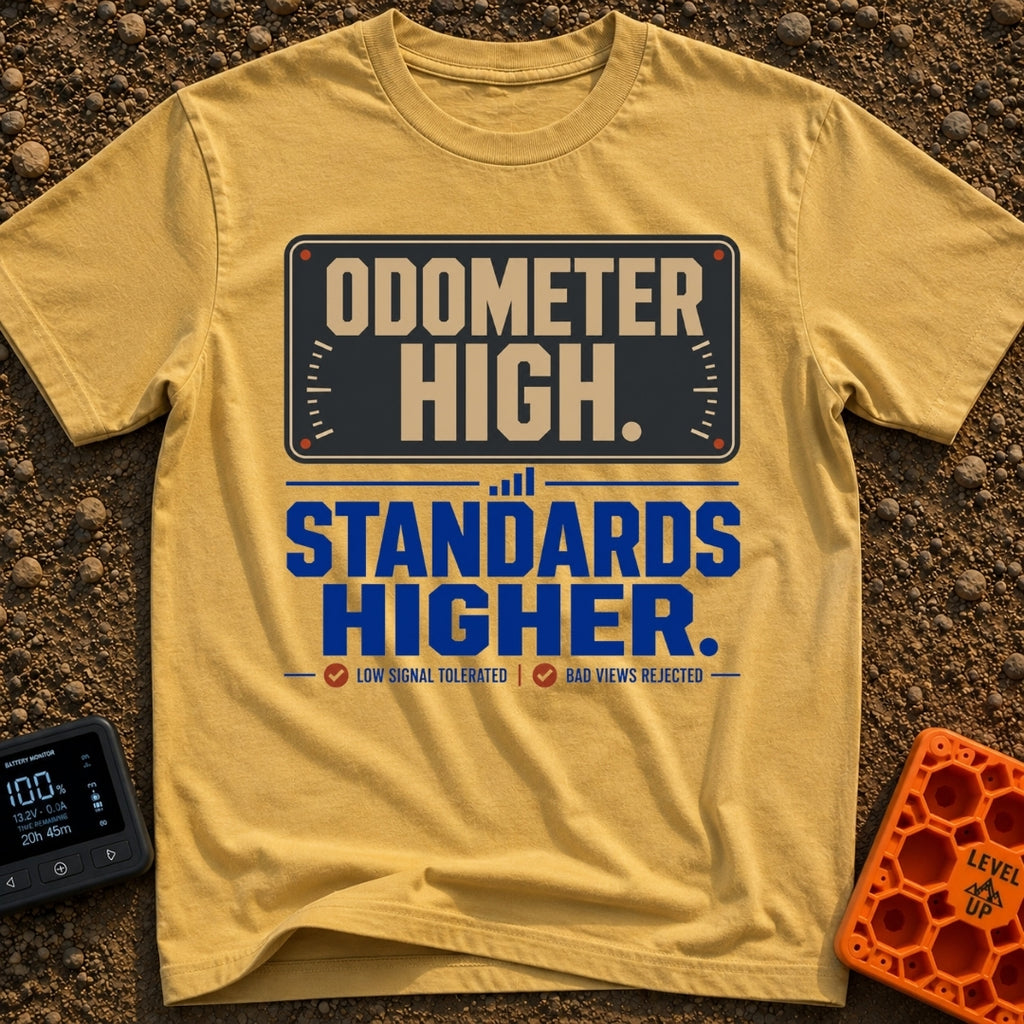 High Miles Higher Standards - T-Shirt in Mustard - A typographic design featuring the text "ODOMETER HIGH." in tan...