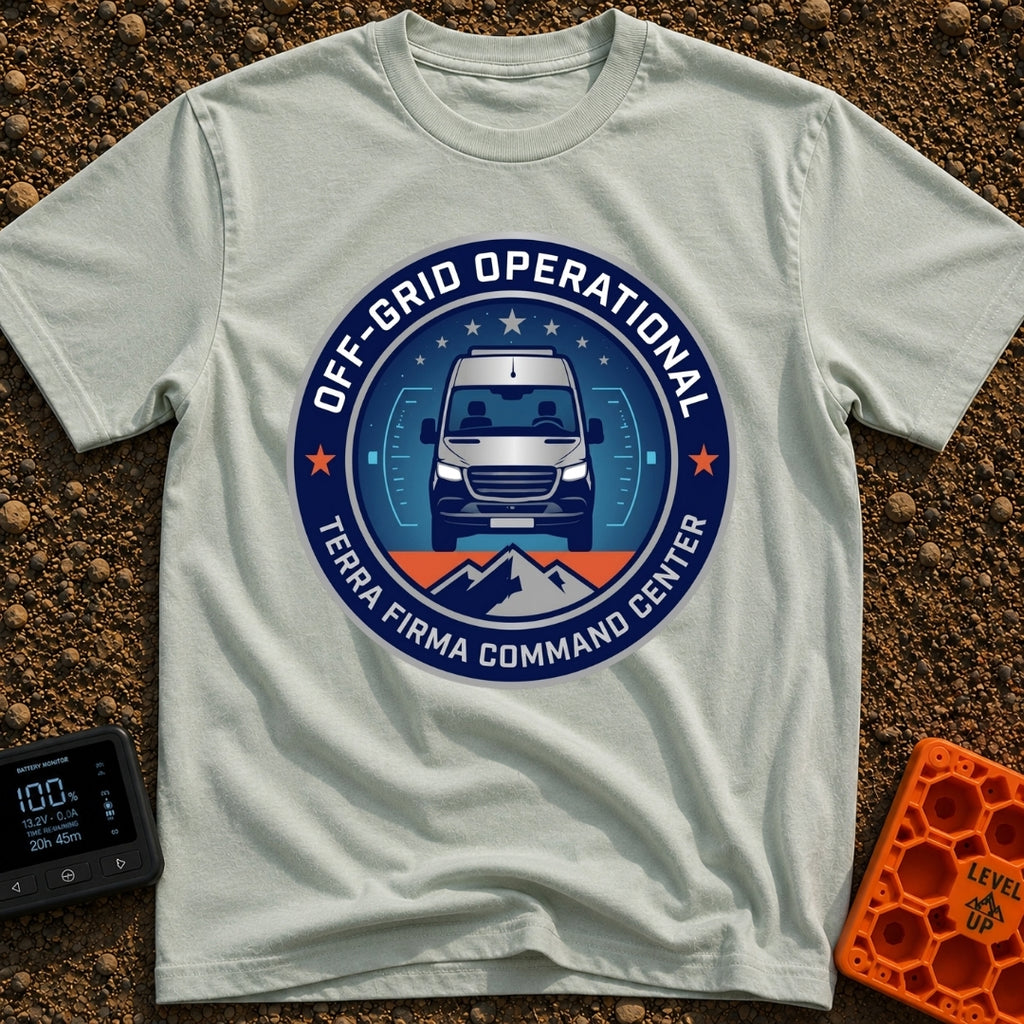 Off Grid Command Center - T-Shirt in Bay - A circular badge design featuring a front-facing white camper van parked above...