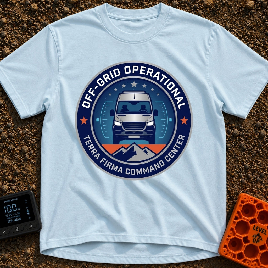 Off Grid Command Center - T-Shirt in Chambray - A circular badge design featuring a front-facing white camper van parked...
