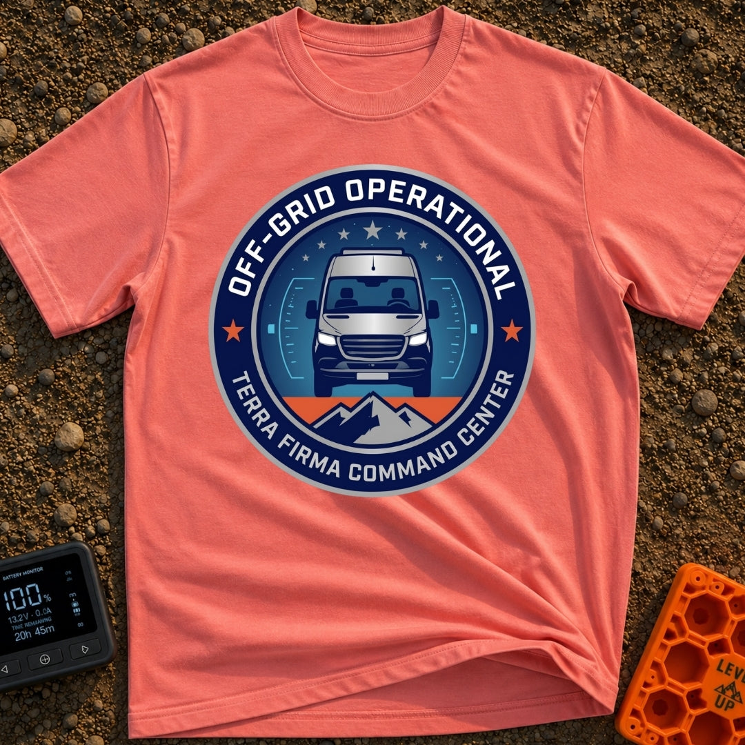 Off Grid Command Center - T-Shirt in Watermelon - A circular badge design featuring a front-facing white camper van...