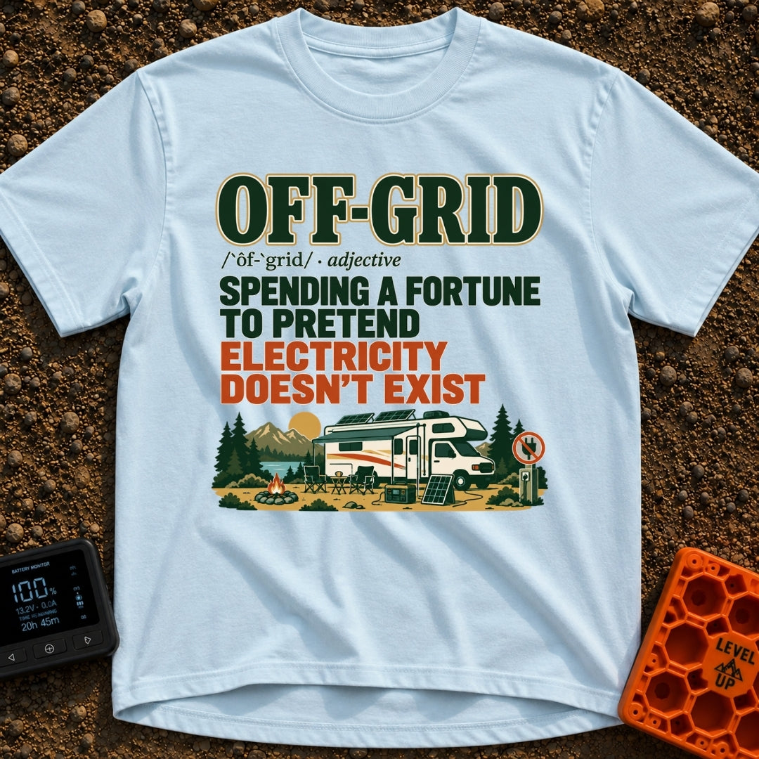 Off Grid Funny Money - T-Shirt in Chambray - A graphic with text defining "Off-Grid" as "spending a fortune to pretend...