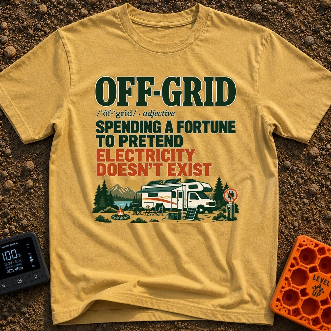 Off Grid Funny Money - T-Shirt in Mustard - A graphic with text defining "Off-Grid" as "spending a fortune to pretend...
