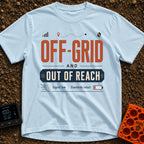 Out Of Reach - T-Shirt in Chambray - A typographic design featuring the text "OFF-GRID AND OUT OF REACH" above the...