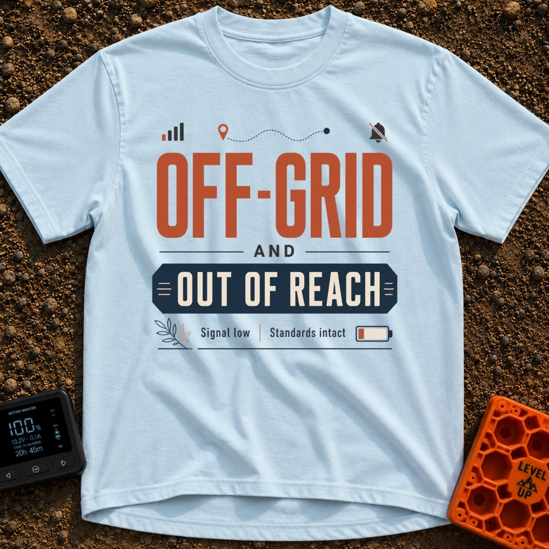 Out Of Reach - T-Shirt in Chambray - A typographic design featuring the text "OFF-GRID AND OUT OF REACH" above the...