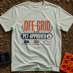Paws And Power - T-Shirt in Bay - Typographic design reading "OFF-GRID AND PET-APPROVED" alongside a paw print stamp,...