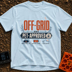 Paws And Power - T-Shirt in Chambray - Typographic design reading "OFF-GRID AND PET-APPROVED" alongside a paw print...