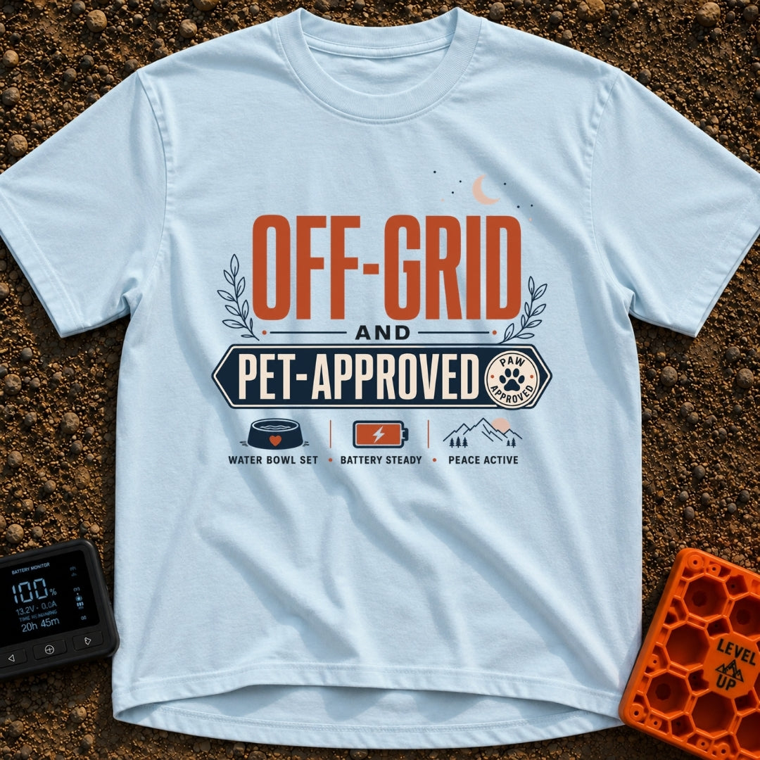 Paws And Power - T-Shirt in Chambray - Typographic design reading "OFF-GRID AND PET-APPROVED" alongside a paw print...