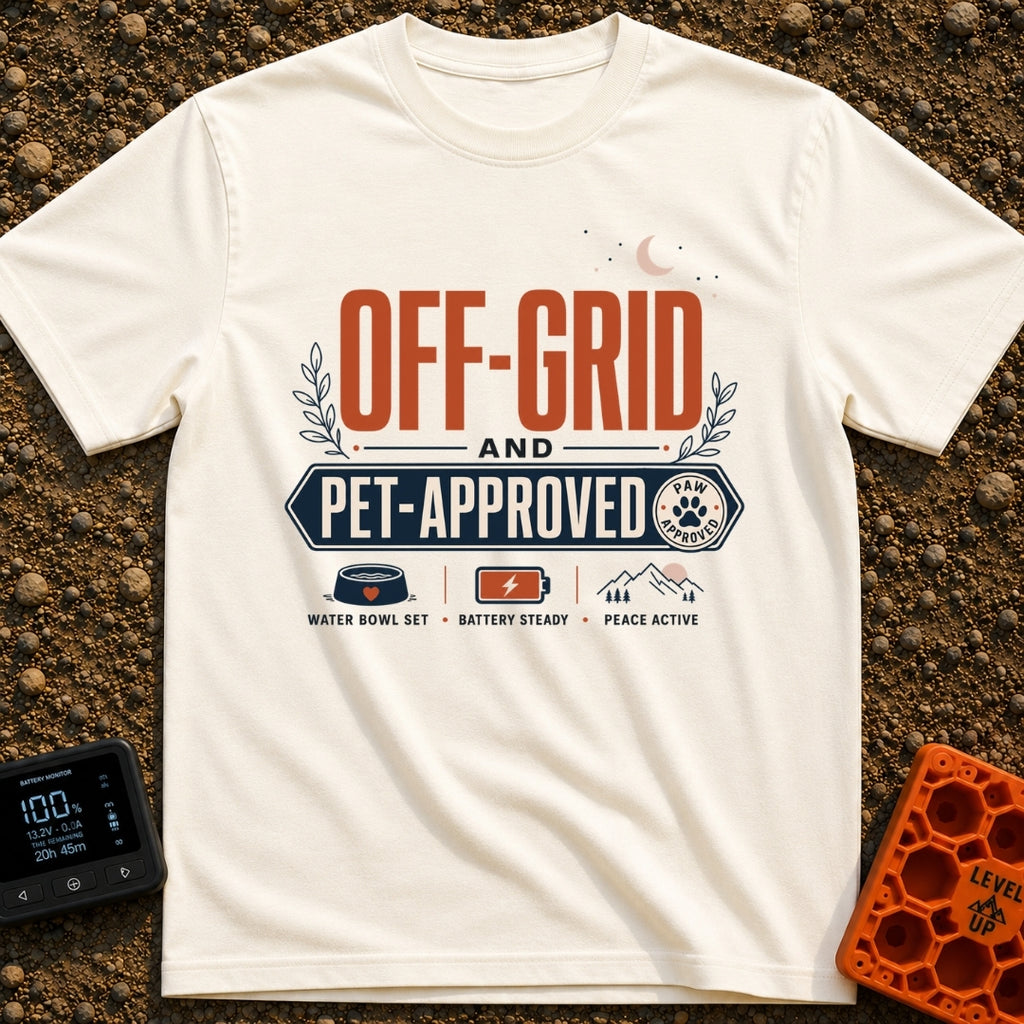 Paws And Power - T-Shirt in Ivory - Typographic design reading "OFF-GRID AND PET-APPROVED" alongside a paw print stamp,...