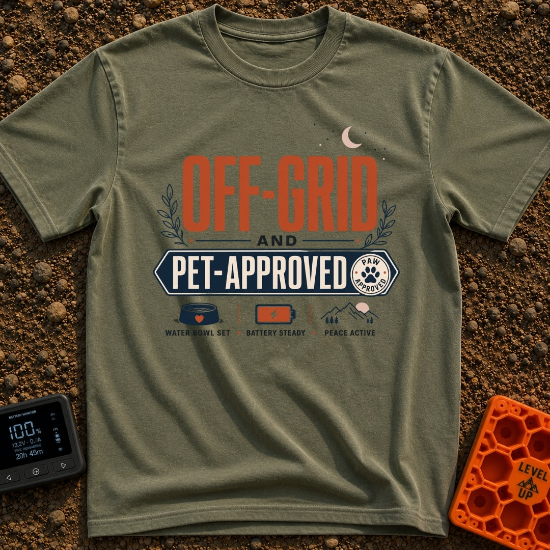 Paws And Power - T-Shirt in Moss - Typographic design reading "OFF-GRID AND PET-APPROVED" alongside a paw print stamp,...