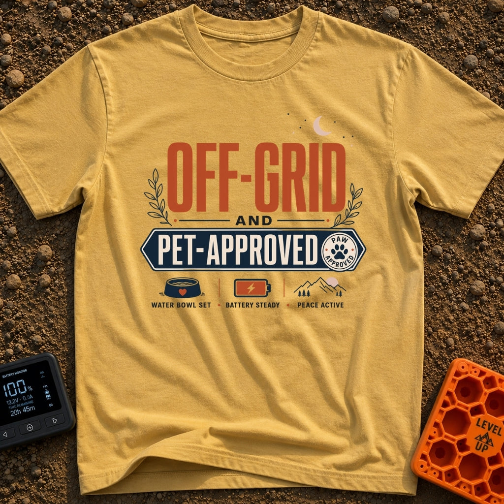 Paws And Power - T-Shirt in Mustard - Typographic design reading "OFF-GRID AND PET-APPROVED" alongside a paw print stamp,...