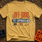 Paws And Power - T-Shirt in Mustard - Typographic design reading "OFF-GRID AND PET-APPROVED" alongside a paw print stamp,...
