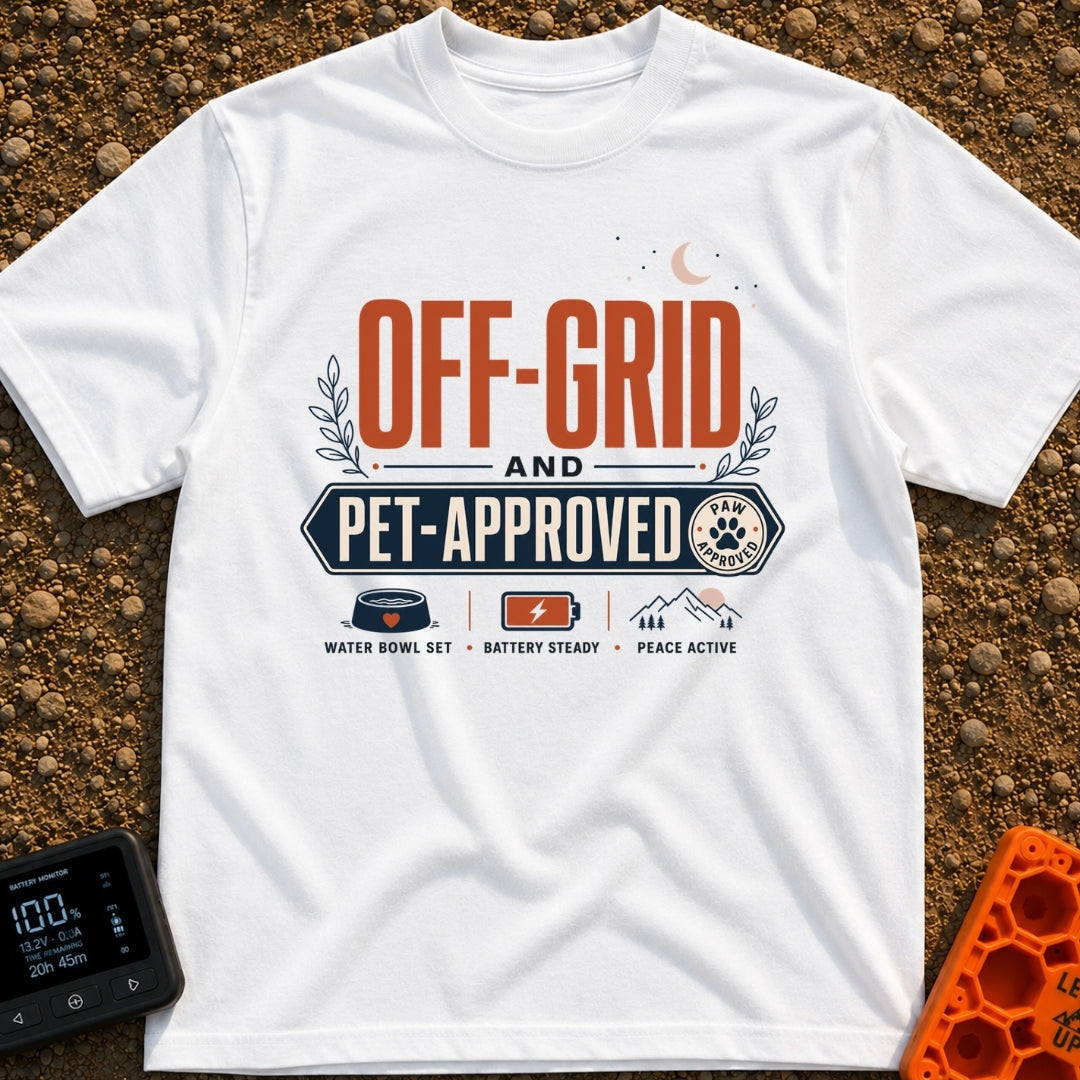 Paws And Power - T-Shirt in White - Typographic design reading "OFF-GRID AND PET-APPROVED" alongside a paw print stamp,...