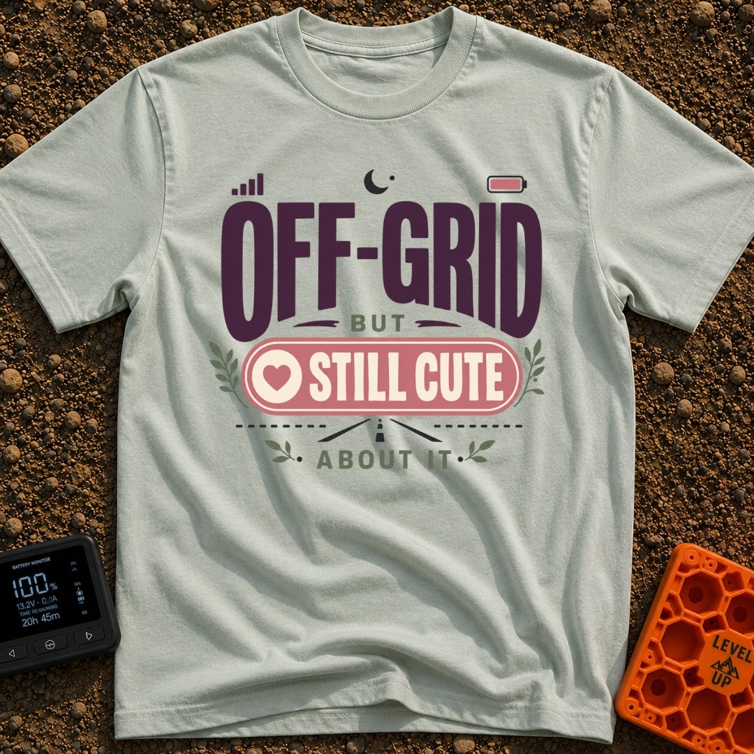 Off Grid But Cute - T-Shirt in Bay - A typographic design reading "OFF-GRID BUT STILL CUTE ABOUT IT" featuring small...