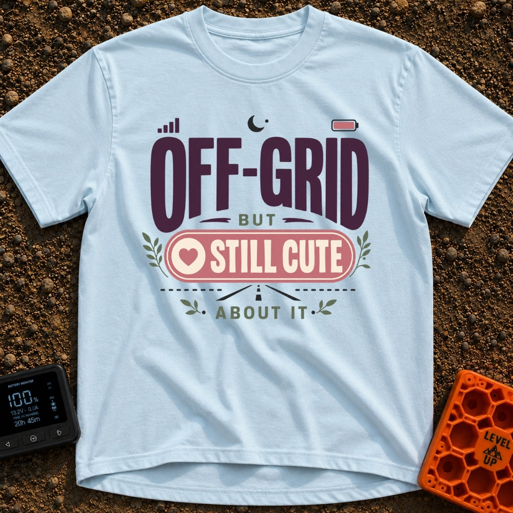 Off Grid But Cute - T-Shirt in Chambray - A typographic design reading "OFF-GRID BUT STILL CUTE ABOUT IT" featuring small...
