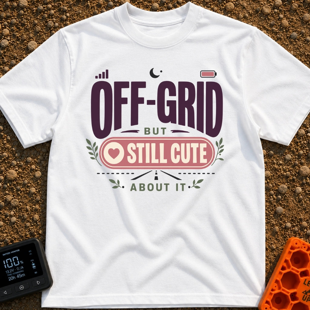 Off Grid But Cute - T-Shirt in White - A typographic design reading "OFF-GRID BUT STILL CUTE ABOUT IT" featuring small...