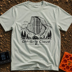 Server With A View - T-Shirt in Bay - A black and white illustration of a camper van driving past pine trees and a large...