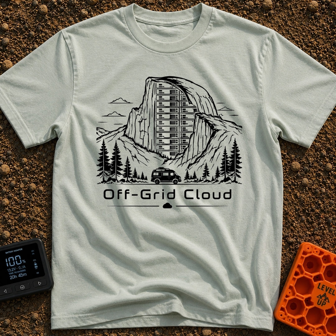 Server With A View - T-Shirt in Bay - A black and white illustration of a camper van driving past pine trees and a large...