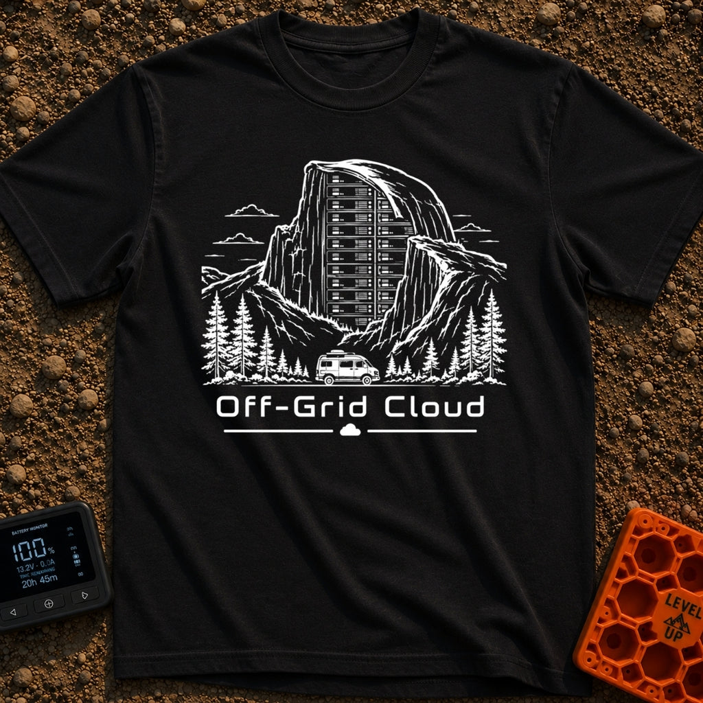 Server With A View - T-Shirt in Black - A black and white illustration of a camper van driving past pine trees and a...