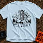 Server With A View - T-Shirt in Chambray - A black and white illustration of a camper van driving past pine trees and a...