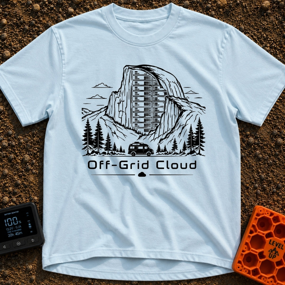 Server With A View - T-Shirt in Chambray - A black and white illustration of a camper van driving past pine trees and a...