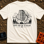 Server With A View - T-Shirt in Ivory - A black and white illustration of a camper van driving past pine trees and a...
