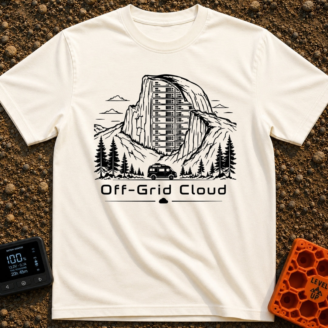 Server With A View - T-Shirt in Ivory - A black and white illustration of a camper van driving past pine trees and a...