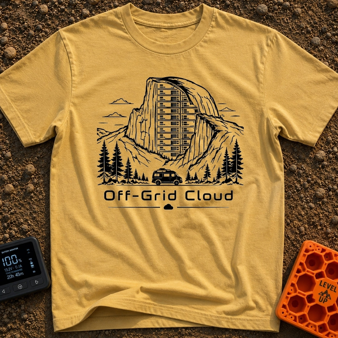 Server With A View - T-Shirt in Mustard - A black and white illustration of a camper van driving past pine trees and a...