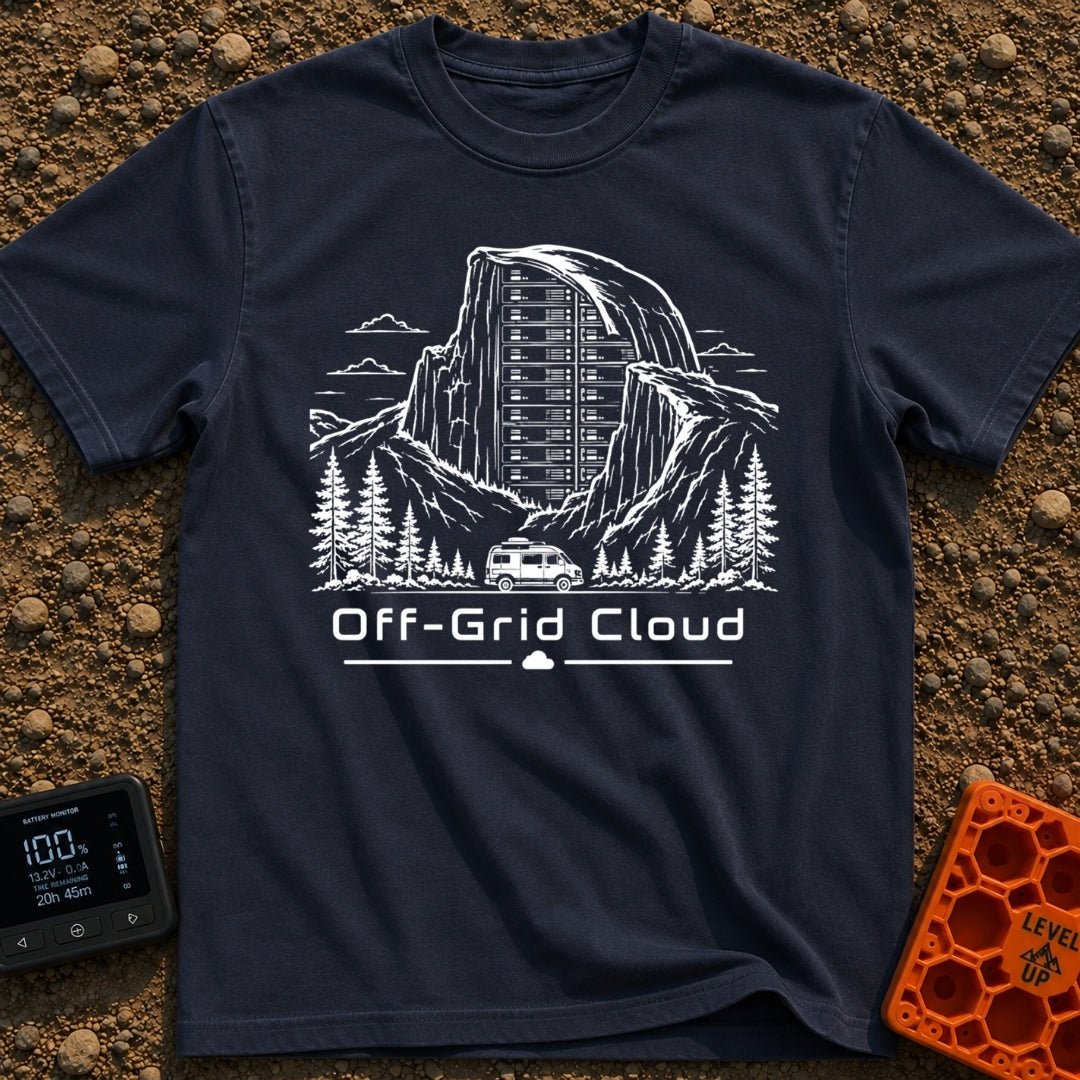 Server With A View - T-Shirt in Navy - A black and white illustration of a camper van driving past pine trees and a large...