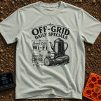 Off Grid Specials - T-Shirt in Bay - A vintage-style black and white illustration of a tall coffee percolator and a camp...