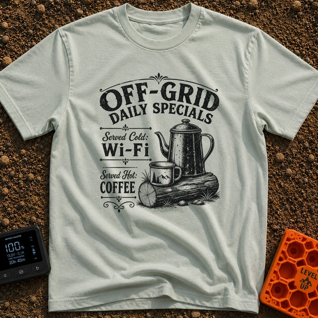 Off Grid Specials - T-Shirt in Bay - A vintage-style black and white illustration of a tall coffee percolator and a camp...