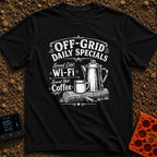 Off Grid Specials - T-Shirt in Black - A vintage-style black and white illustration of a tall coffee percolator and a...