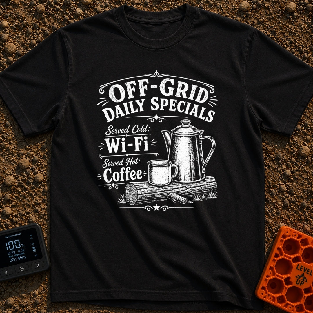 Off Grid Specials - T-Shirt in Black - A vintage-style black and white illustration of a tall coffee percolator and a...