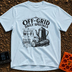 Off Grid Specials - T-Shirt in Chambray - A vintage-style black and white illustration of a tall coffee percolator and a...