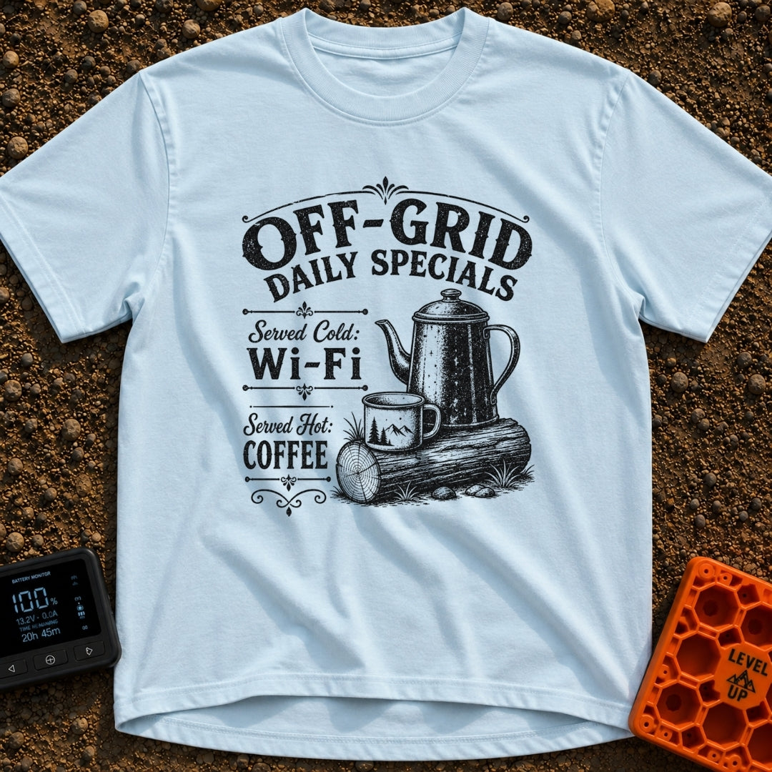 Off Grid Specials - T-Shirt in Chambray - A vintage-style black and white illustration of a tall coffee percolator and a...