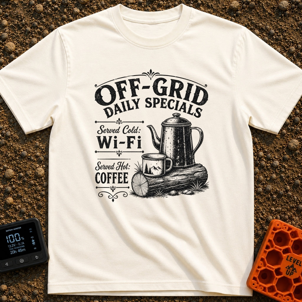 Off Grid Specials - T-Shirt in Ivory - A vintage-style black and white illustration of a tall coffee percolator and a...