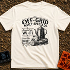 Off Grid Specials - T-Shirt in Ivory - A vintage-style black and white illustration of a tall coffee percolator and a...