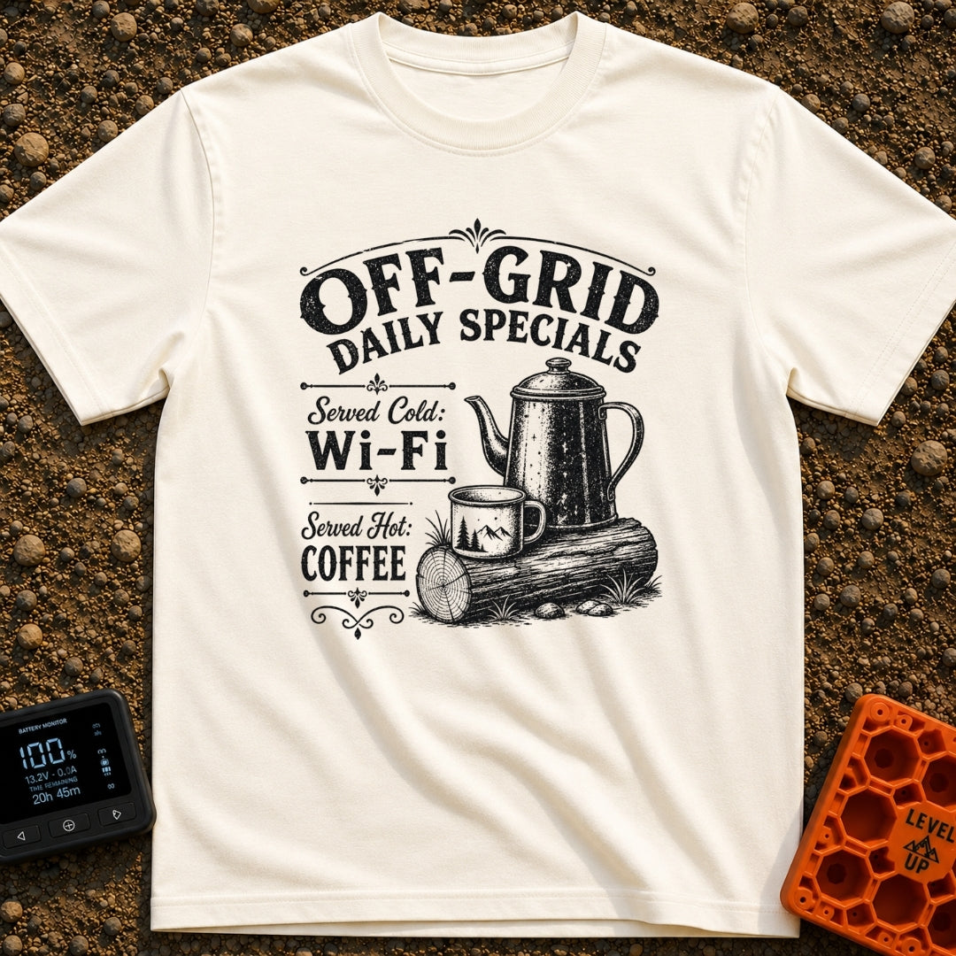 Off Grid Specials - T-Shirt in Ivory - A vintage-style black and white illustration of a tall coffee percolator and a...