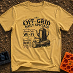 Off Grid Specials - T-Shirt in Mustard - A vintage-style black and white illustration of a tall coffee percolator and a...